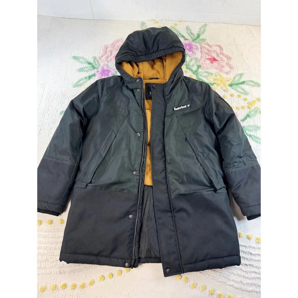 Timberland Kids Black Hooded Parka Fleece Lined Jacket Size M 10/12